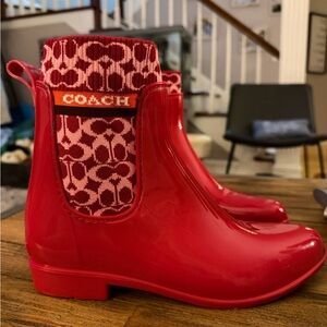 Coach Red Patent Rubber Chelsea Rain Boots with Pink Logo Panel